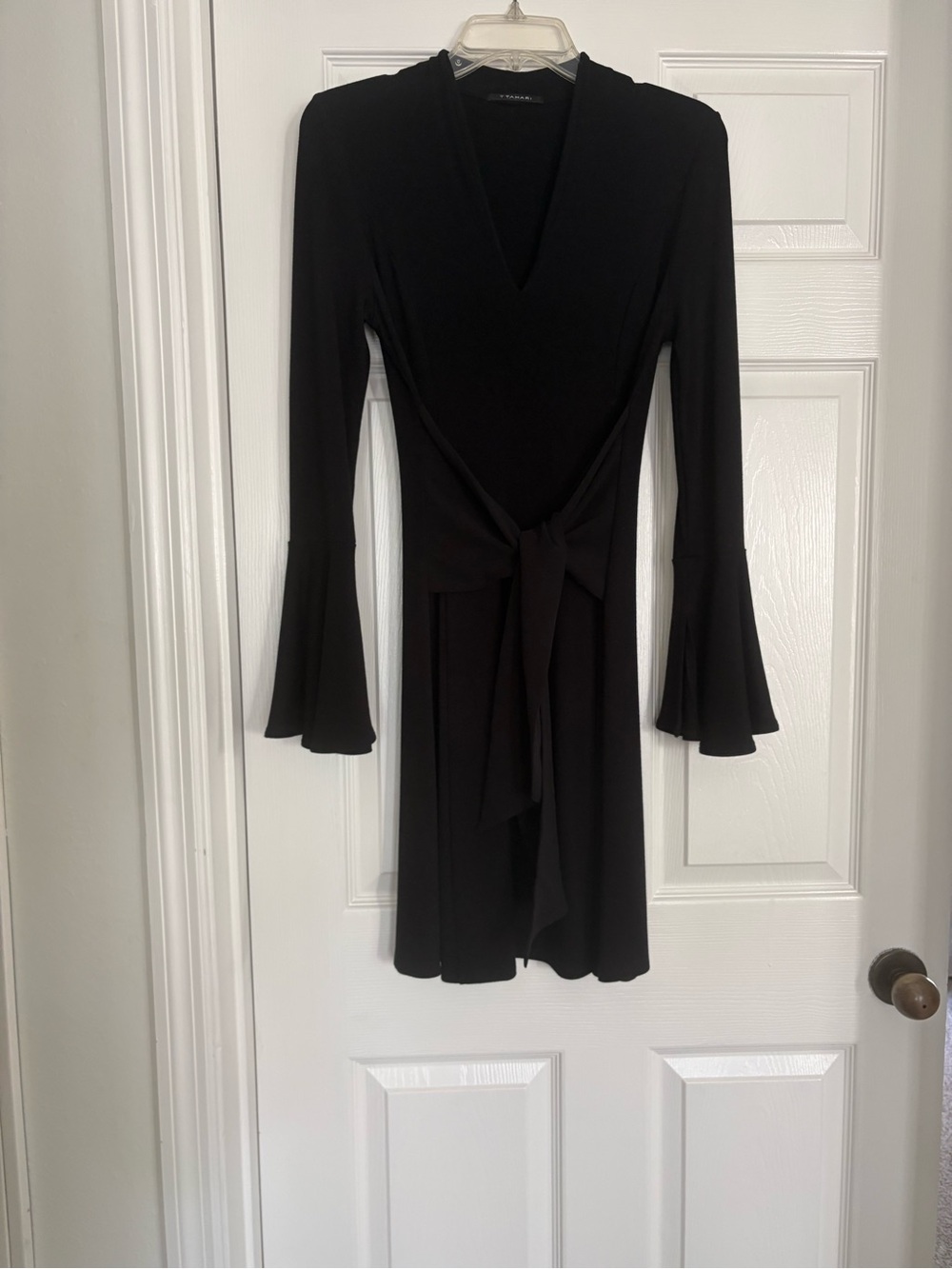 T Tahari Black Midi Wrap Dress with Tie Waist and Flared Cuffs